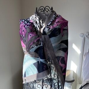 Courtenay Wool Scarf in pale green, gray, and black with purple flowers